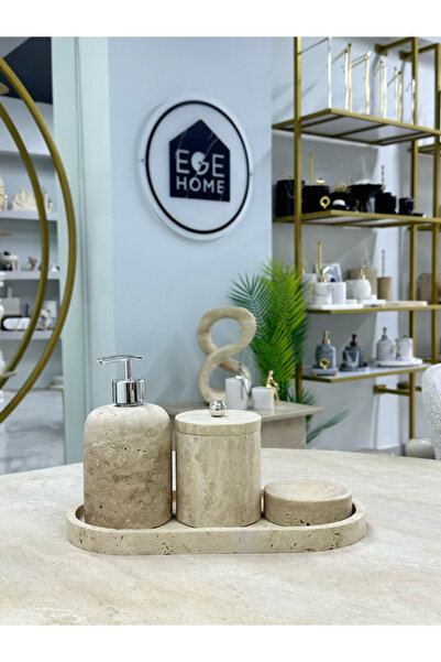 ege gross Decorative Travertine Natural 4-Piece Bathroom Set with Silver Details