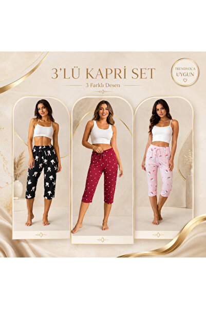 FISILTI COLLECTİON Kadın 3’lü Kapri Pijama Altı Seti – Tavşan, Kalp ve Pembe ...