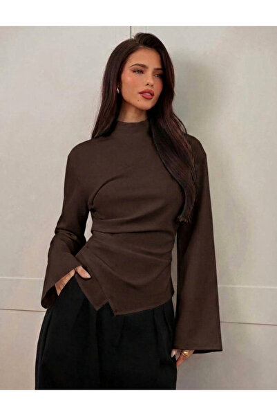 Moda Lounge Dik Yaka Drape Detaylı İspanyol Kollu Şık Bluz