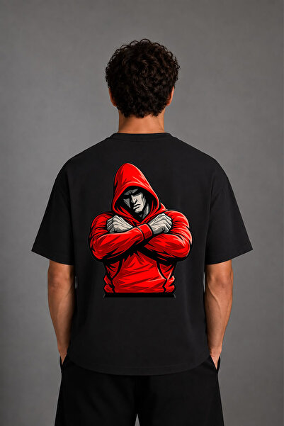 VSRN Muscular Hooded Man Design Back Printed Black Oversize T-Shirt