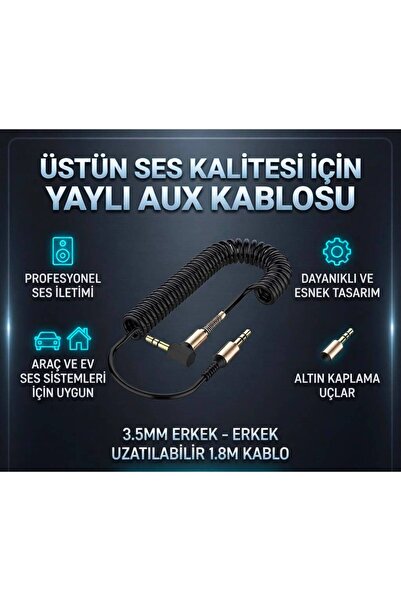 TEKNOTİMER 1.8 mt Aux Ses Kablosu 3.5mm L Tipi Metal Yaylı Dayanıklı Kablo Araba Aux Kablo – Esnek & Dayanıklı Ses Kablosu