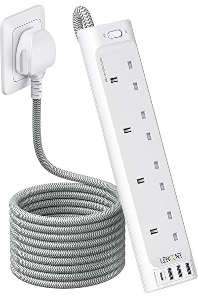 LENCENT وصلة كهربائية مزودة بمنفذ USB-C، شريط طاقة بأربعة منافذ