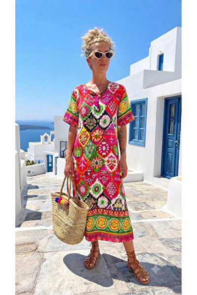 SAHRA BEACHWEAR RENKLİ TASARIM OTANTİK DESENLİ ÇİFT DÜĞMELİ OVERSİZE ELBİSE