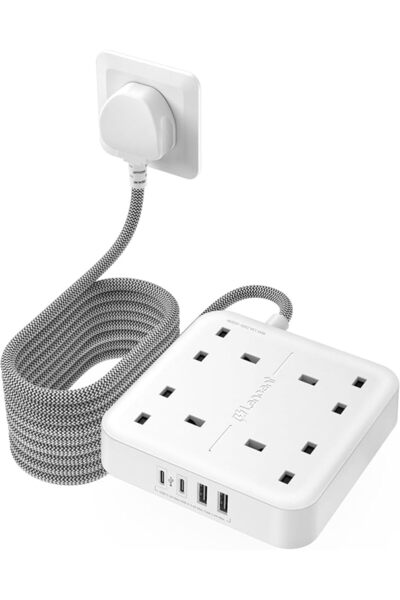 LENCENT سلك تمديد بطول 5 أمتار مع منفذ USB-C (3250 واط 13 أمبير)، 4 مخارج كهر...
