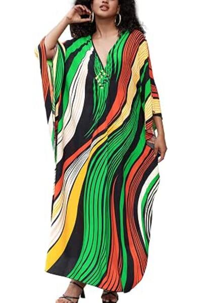 YouKD Maxi Dress V-Neck Kaftan Boho Robes Beach Cover-ups Dress Maxi Garment ...