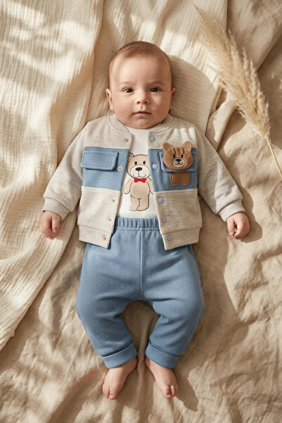 Babydonat Milo Teddy Bear 3-Piece Baby Set - Cotton Waffle Knit Cardigan, Bod...