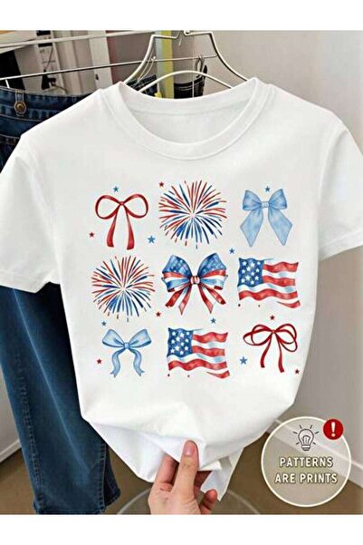 23ERVA Summer Outfit Women, Patriotic Fireworks Bows Funny Vintage T-Shirt, L...