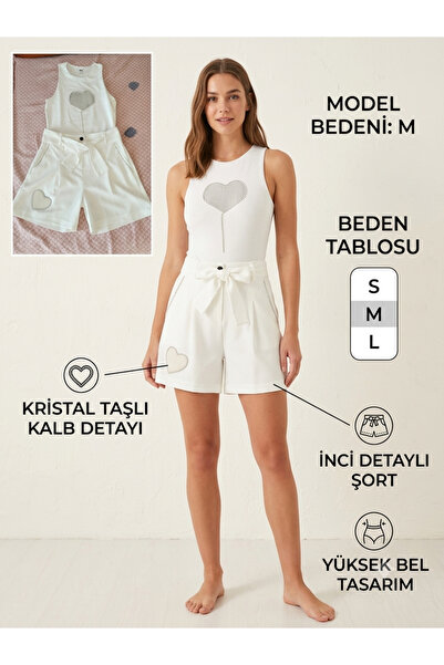 Daisy Kadın Beyaz Kristal Taşlı Kalp Detaylı Yüksek Bel Şortlu Atletli Şık Ya...