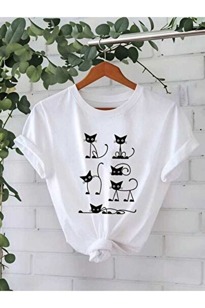 23ERVA Cute Design, Women's Black Cats Pattern, Pure Cotton T-Shirt, Summer C...