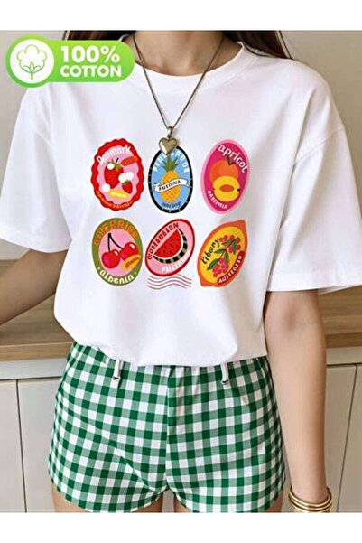 23ERVA Cute Fruit Print, Women's Summer Casual Wear, Pure Cotton T-Shirt, Bea...