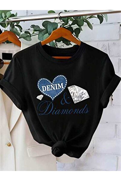 23ERVA Denim Diamonds, Women's Heart Diamond Design, Pure Cotton T-Shirt, Cas...