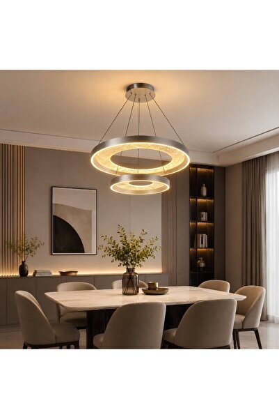 ACCEPT Led Chandelier 2 Rings Hanging Modern Round Silver Color 3 Lights