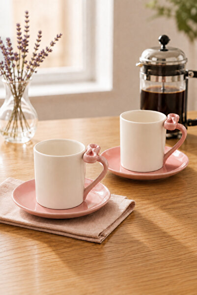 Vadi Oregan 2-Person 4-Piece Porcelain Coffee Cup Set with Pink Bow Handle an...