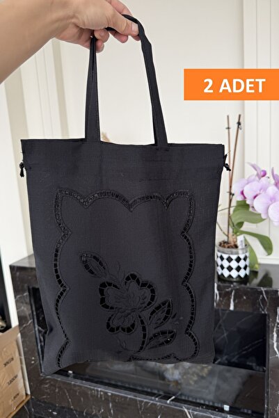 QBR Home 2 Embroidered Multi-Purpose Fabric Bags with Holes. Zambak Model. Black