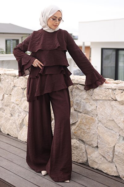 İmajButik Kahverengi Önü Katlı Tunik Pantolonlu Takım