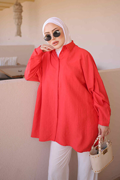 İmajButik Pomegranate Flower Oversized Shirt with Hidden Buttons