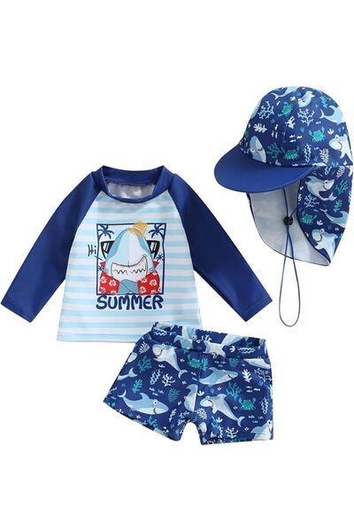 GENERAL Toddler Baby Boys 3 Pieces Swimsuit Set Swimwear Dinosaur Shark Zippe...