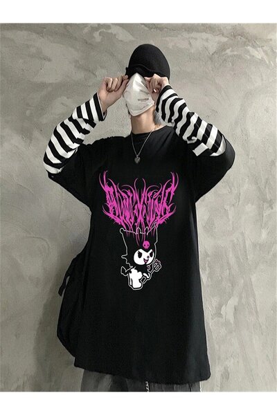 DEEFWEAR تي شيرت MINGALONDON Touz Harajuku Kuromi Sanrio بأكمام مخططة للجنسين