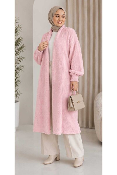 ZEYN STORE Kadın Şal Yaka Oversize Triko Ve Sakallı Tüylü Uzun Hırka