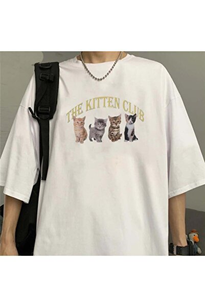 DEEFWEAR Mi̇ngalondon the Kitten Club White Unisex Oversize T-Shirt