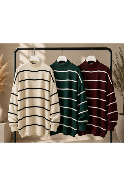 DepoExport Women's 3-Piece Striped Knitwear Sweater Oversize Loose Design