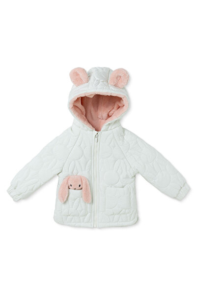 Midimod Kız Bebek Mont Tavşan Baskılı Fermuarlı Kapüşonlu Long Sleeve