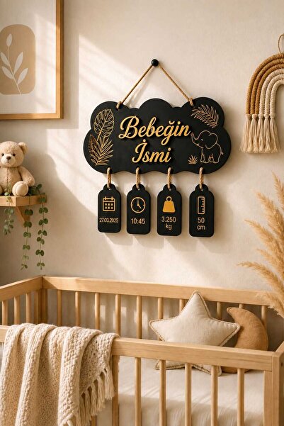 LAZERRA HOME Kişiye Özel İsimli Bulut Ahşap Bebek Doğum Hediyesi - Balonlu Do...