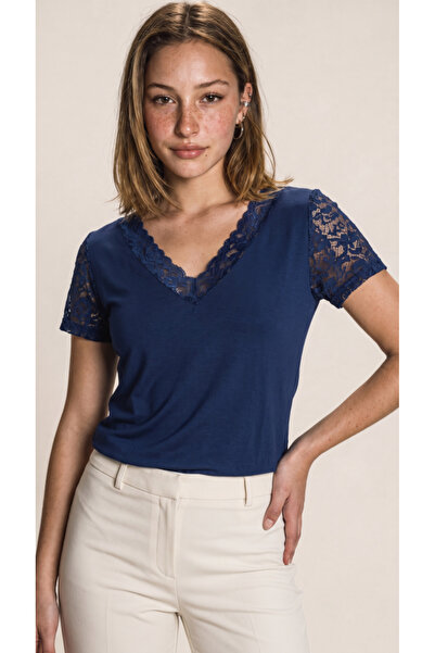 Modayakamoz Women's Short Sleeve V-Neck Blouse, Pack of Lace Viscose