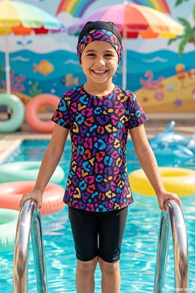 Haliç Mayo Short Sleeve Top and Bottom Girls' Swimsuit 4423 Black01