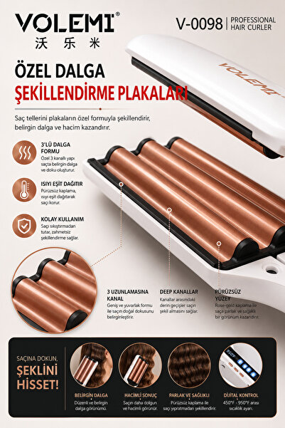 VOLEMİ Profesyonel Su Dalgası Maşası 3 Kanallı Saç Maşası Dijital Ekran 450-950°F Ayarlanabilir Isı V-0098