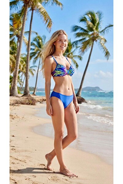 Argento 1280-1486 Blue Zebra Empty Cup Underwire Gathering Bikini Set