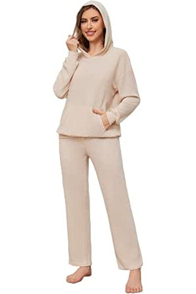 GENERAL SotRong Waffle Knit Kangaroo Pocket Drop Shoulder Hooded Loungewear S...