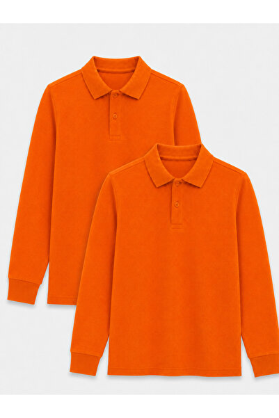 ROZELT 2-Pack Cotton Long Sleeve Polo School T-Shirt - Orange