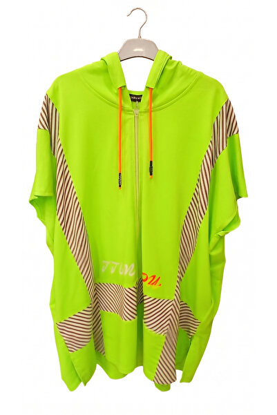 DARKWIN Kadın Neon Kapüşonlu Çizgi Detaylı Oversize Fermuarlı Sweatshirt