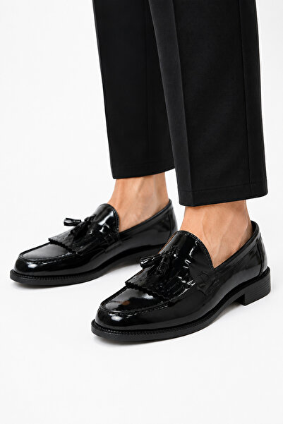 By Sabit Unisex Siyah Püsküllü Corcik Loafer Ayakkabı Bağcıksız Klasik Günlük...