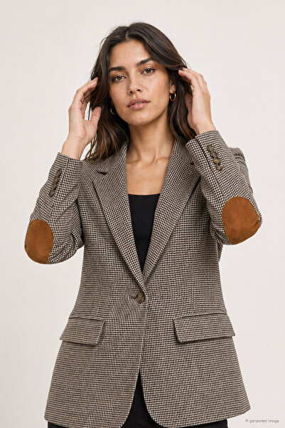 Ortaya Çık Brown Lined Suede Blazer Jacket with Elbow Detail