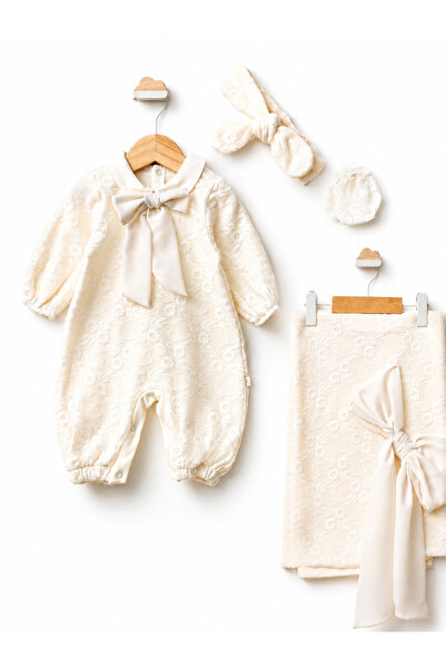 LİLİYUM Baby Girl Lace Bow Set of 4 Rompers Towel Bandana 3 Colors