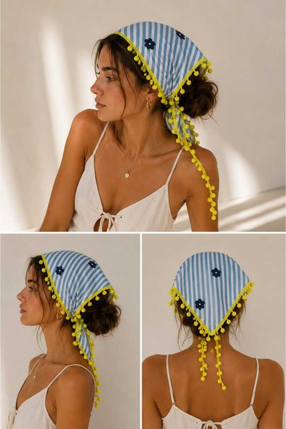 Handmade Betty Bands Women's Blue and White Striped Floral Patterned Triangle Bandana – Yellow Pompom Detailed Tie-On Hair Band Scarf Shawl