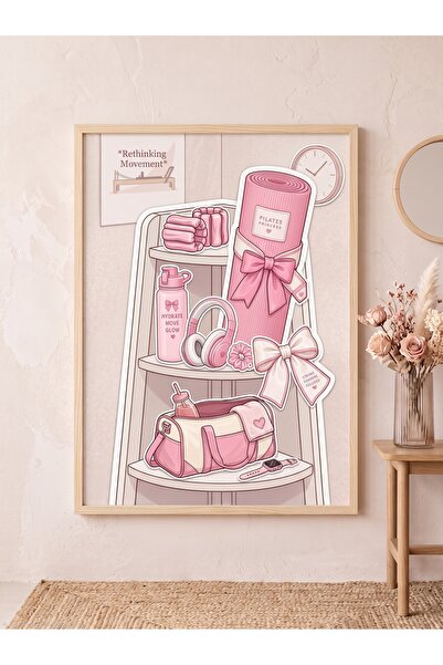 DEKORASOR Pembe Pilates Princess Ahşap Çerçeveli Tablo – Modern Spor ve Estet...