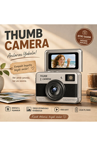KAZEMTECH Dijital Retro Kamera 1080P Mini Tasarım Sd Kart Hediyeli Flaşlı Sel...