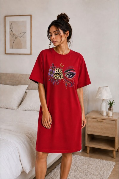 classy moda Leopard Eye and Purple Floral Patterned Oversize Extra Long Tunic...