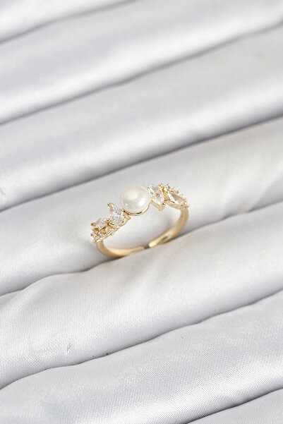 SORA GROUP Brass Gold Color Zircon Stone Pearl Model Women's Ring