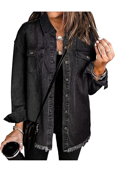 Generic Women's Casual Denim Jackets Frayed Hem Washed Button Jean Jacket Dis...