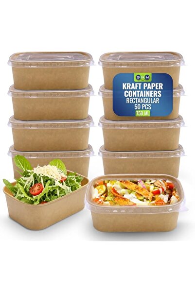 Generic 50-Pack Kraft Paper Containers 750 ml with Lid, Rectangular Disposabl...