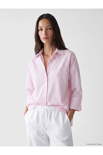 LC Waikiki Lcw Everyday Pink Striped Oversize Poplin Women's Shirt