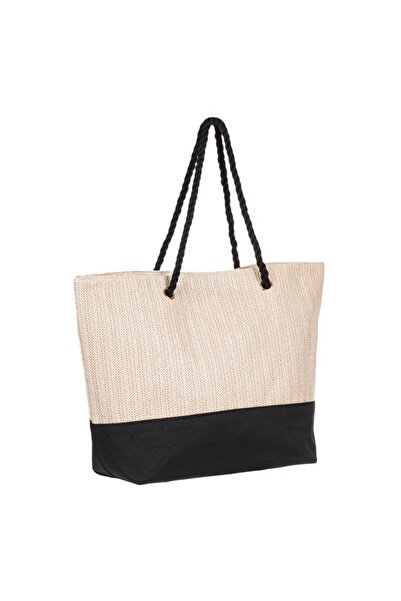 OEM Geanta de Paie Ecru Neagra pentru Plaja 38x16x38cm