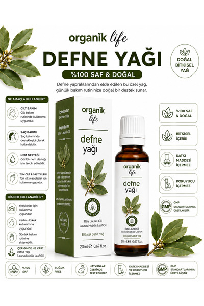 ORGANİK LİFE Defne Yağı 20 ml | Defne Yaprağı Yağı | Bitkisel Sabit Yağ | Cil...
