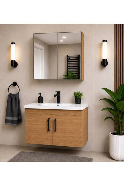 DEMEZLER MOBİLYA Modern Luna 65 cm Ahşap MDF Banyo Dolabı Takımı Aynalı Üst M...
