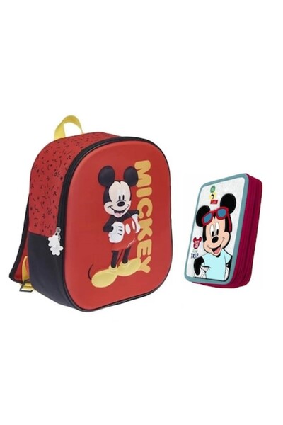 Mickey Mouse Ghiozdan 3D pentru gradinita 31 x 25 x 10 cm si penar 3D dublu e...