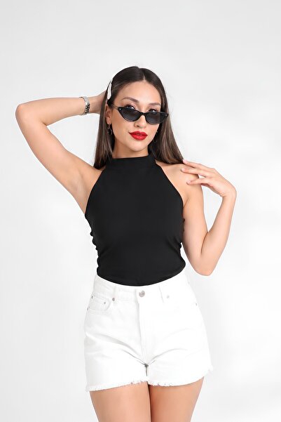 MOVİMENT Black Fitted Halter Neck Blouse |   Paper Touch Knitted Fabric with ...